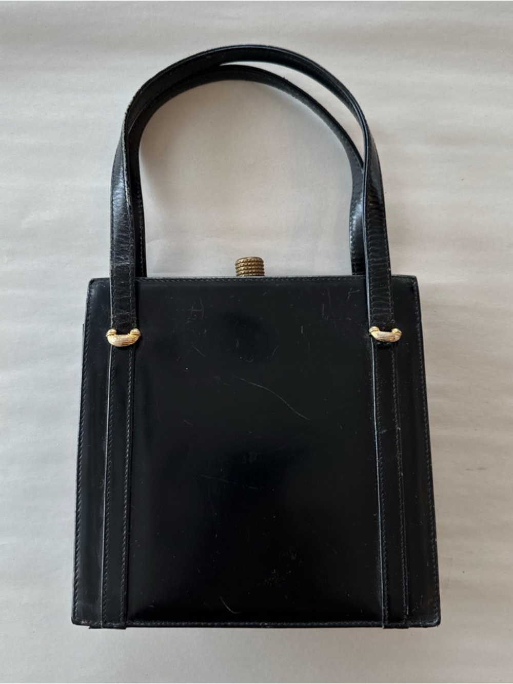 Vintage Dofan Paris Black Leather Box Frame Handbag Made in France Top Handle